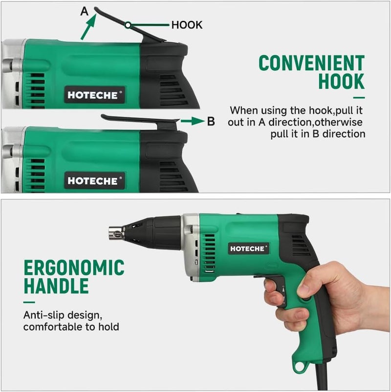 HOTECHE 5-Amp Dry Wall Screw Driver, Electric Screwdriver with Variable Speed 0-4500 RPM, 1/4" Chuck, Forward & Reverse Switch with 6pcs Cr-V Bits - Image 4